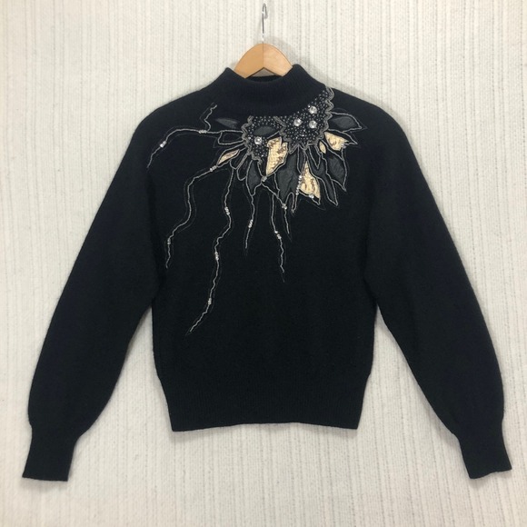 Rinzi Embellished Sweater Mock Neck Beaded Rhinestone Snake Skin Patches M - Picture 2 of 7